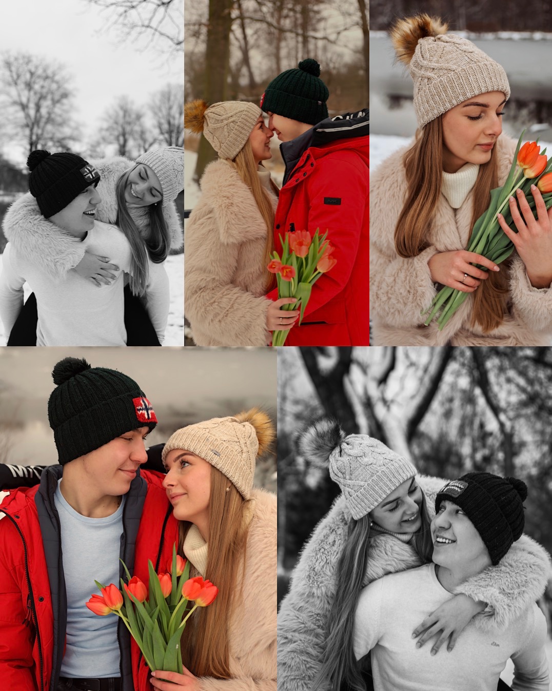 Kolaż zdjęć pary w zimowych stylizacjach: czarno-białe ujęcia z bliska, kolorowe portrety z tulipanami, futrzane płaszcze i wełniane czapki z pomponami.
