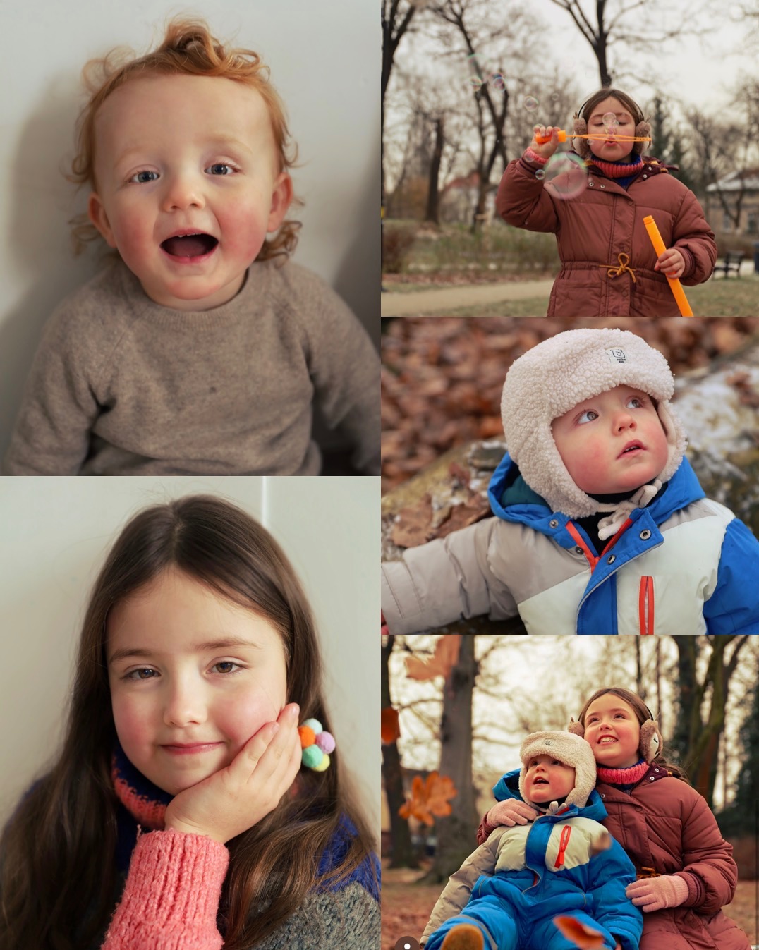 Mozaika portretów dzieci: uśmiechnięty niemowlak, dziewczynka puszczająca bańki mydlane w parku, dziecko w zimowej czapce spoglądające w górę, dziewczynka z kolorową spinką we włosach, rodzeństwo...