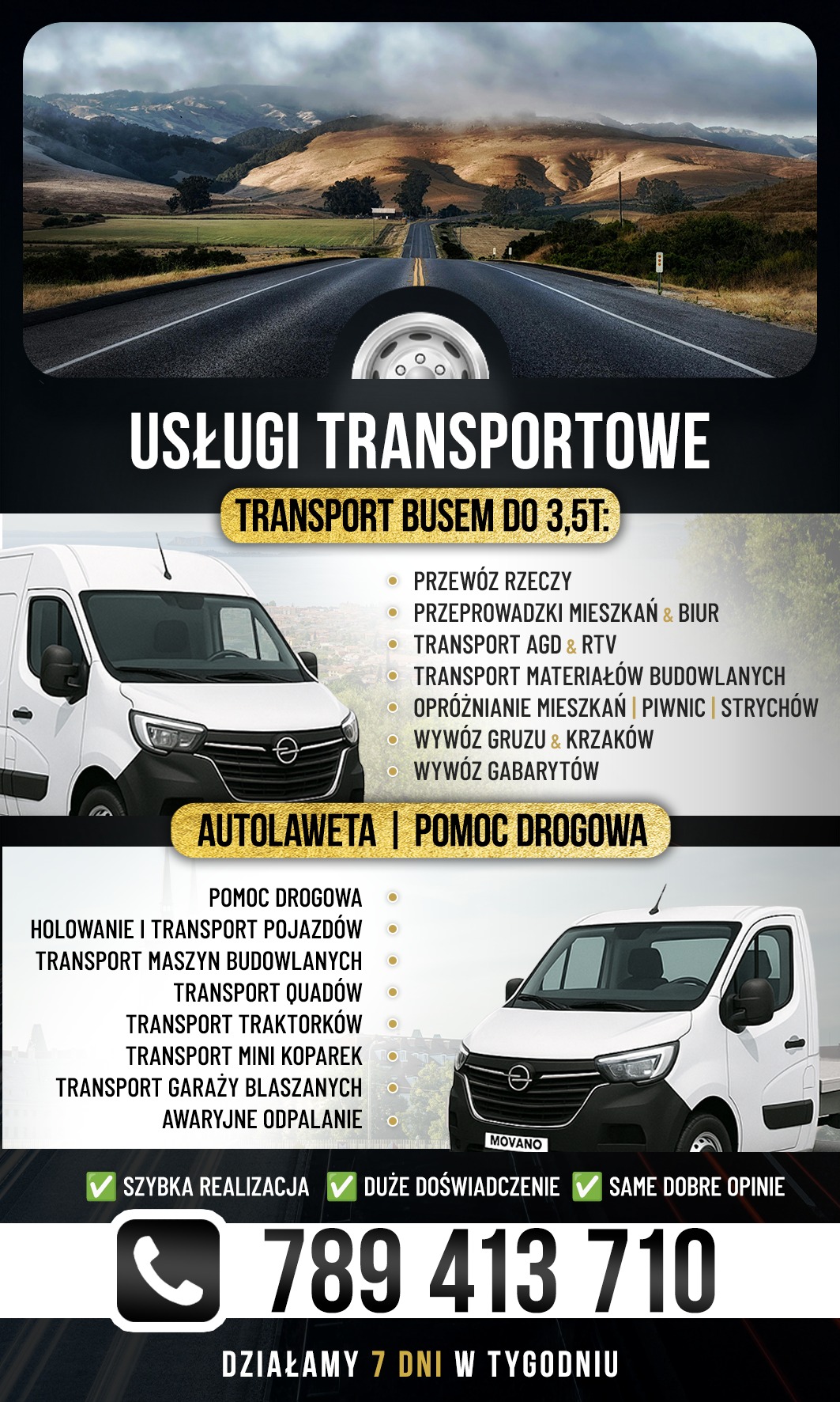 Ogłoszenie usług transportowych: bus do 3.5t, autolaweta, pomoc drogowa. Dwa białe busy Opel Movano na czarnym tle z górskim krajobrazem. Szybka realizacja, duże doświadczenie.