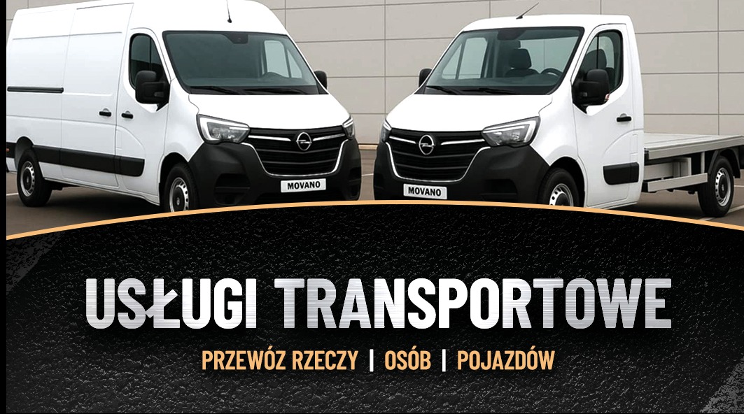Dwa białe busy Opel Movano: furgon i laweta, prezentowane na tle szarej ściany. Grafika z napisem 'Usługi Transportowe - Przewóz rzeczy, osób, pojazdów'.
