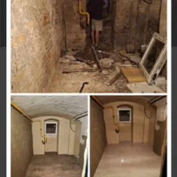 Poddasze piwniczne w trakcie i po odświeżeniu: widok na surową cegłę i gruz przed pracami, oraz wygładzone ściany i podłoga po zakończeniu. Żółta rura instalacyjna przy ścianie.