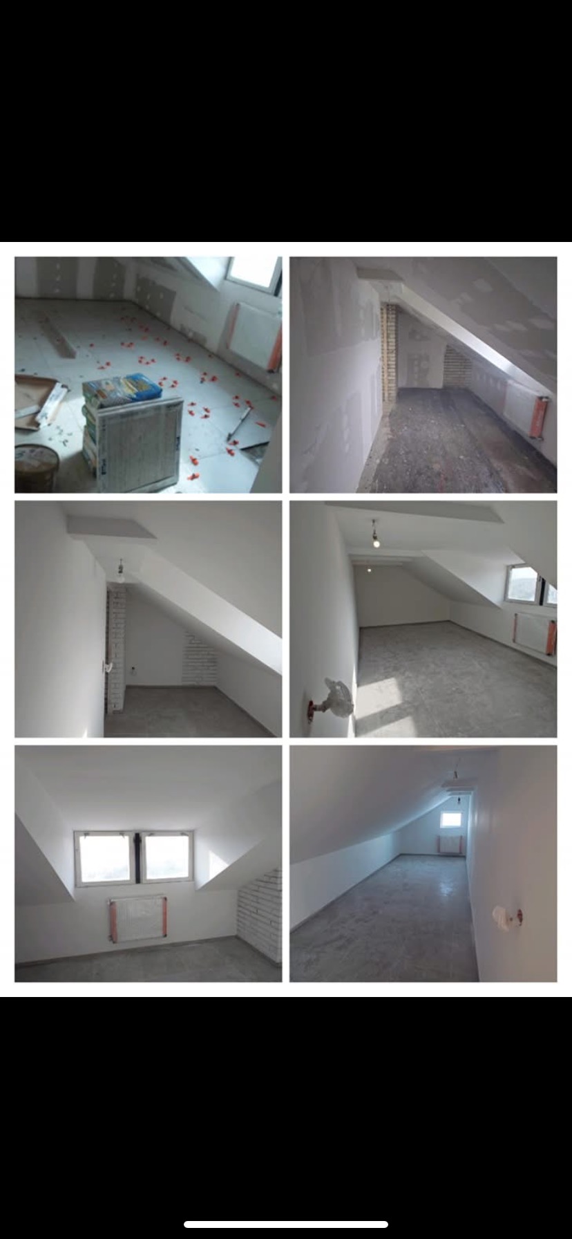 Kolaż sześciu zdjęć z remontowanego poddasza: widok na podłogę z elementami do poziomowania płytek, ściany z płyt kartonowo-gipsowych, zagruntowane ściany, pomalowane ściany na biało z widocznymi...