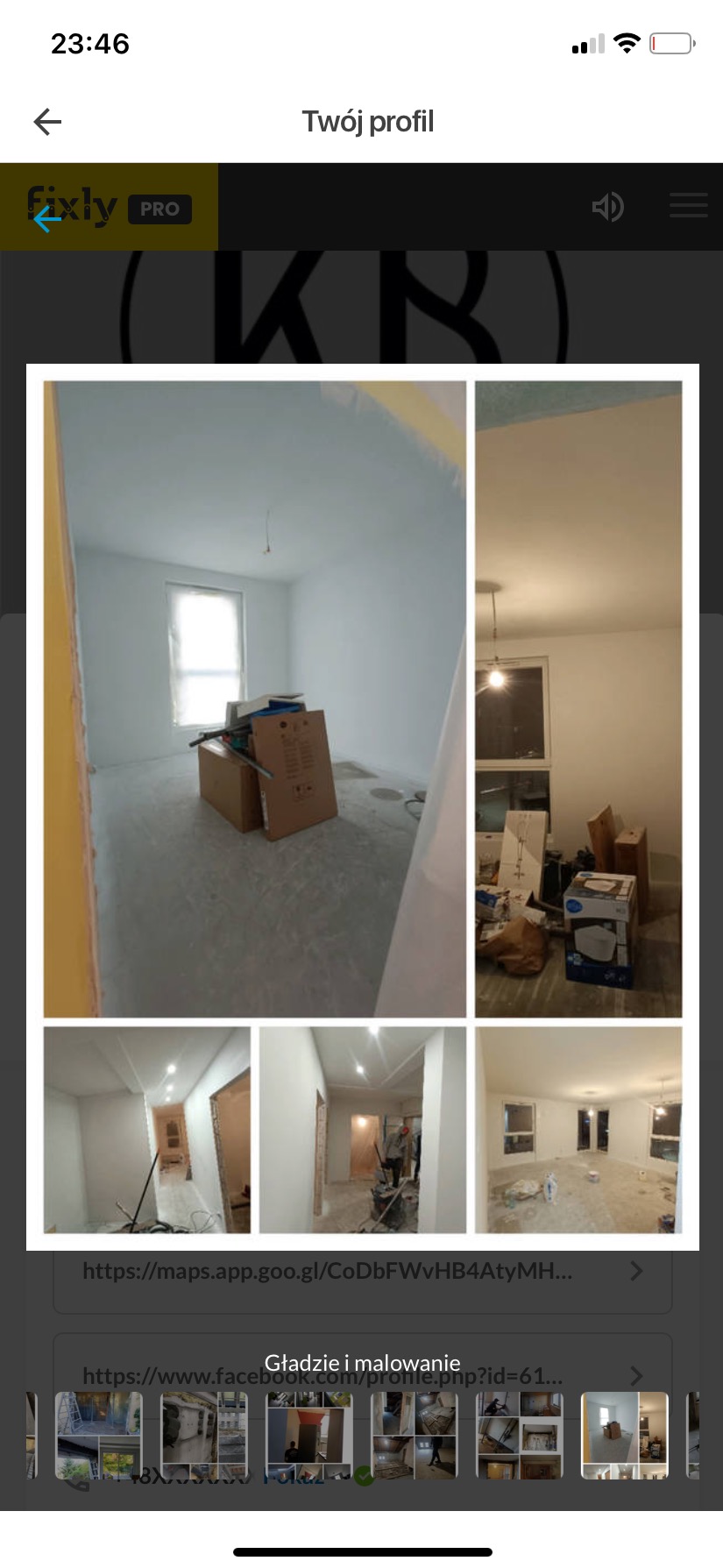 Wielokrotne ujęcia wnętrza w trakcie prac wykończeniowych: świeżo pomalowane ściany na biało, widoczne kartony i narzędzia, surowy beton na podłodze, częściowo zakryte okno folią malarską.