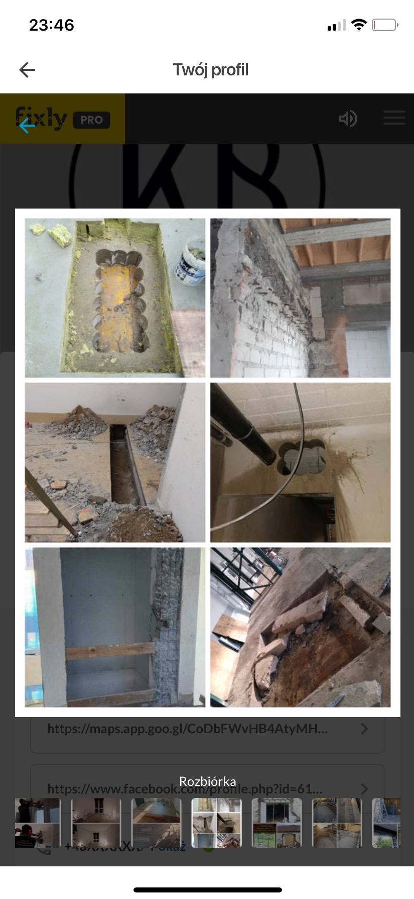 Kompilacja zdjęć z prac budowlanych: wykop w podłodze z widocznymi fundamentami, usunięte fragmenty muru z odsłoniętą konstrukcją, otwór w ścianie po instalacji, oraz gruz i pozostałości po pracach...