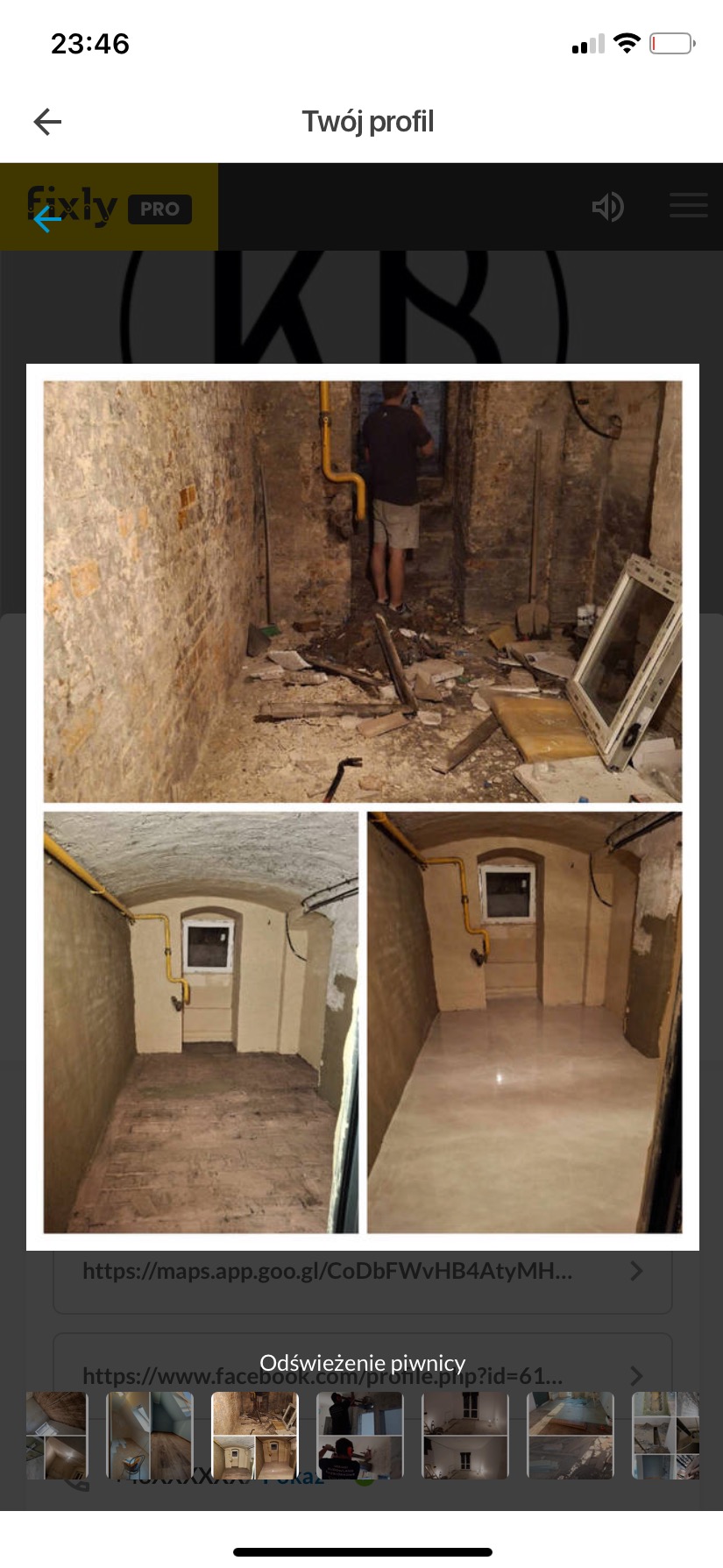 Poddasze piwniczne w trakcie i po odświeżeniu: widok na surową cegłę i gruz przed pracami, oraz wygładzone ściany i podłoga po zakończeniu. Żółta rura instalacyjna przy ścianie.