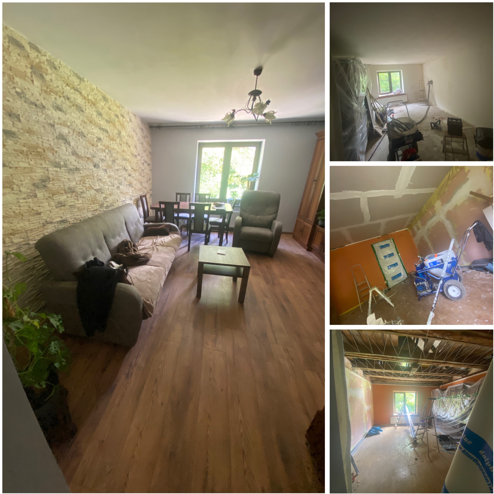 Mozaika zdjęć z remontu mieszkania: salon z kamienną ścianą, pokój po gładzi, poddasze z płytami i odsłonięty strop. Widoczne narzędzia i etapy prac.