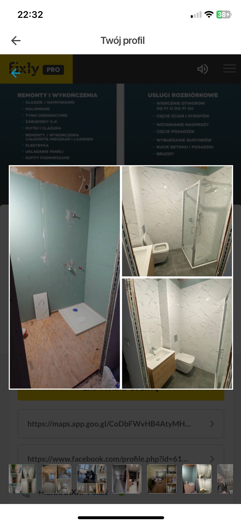 Remont łazienki w toku: montaż płyty G-K przy brodziku, obok kolaż ukończonej łazienki z białymi płytkami imitującymi marmur, WC i kabiną prysznicową.