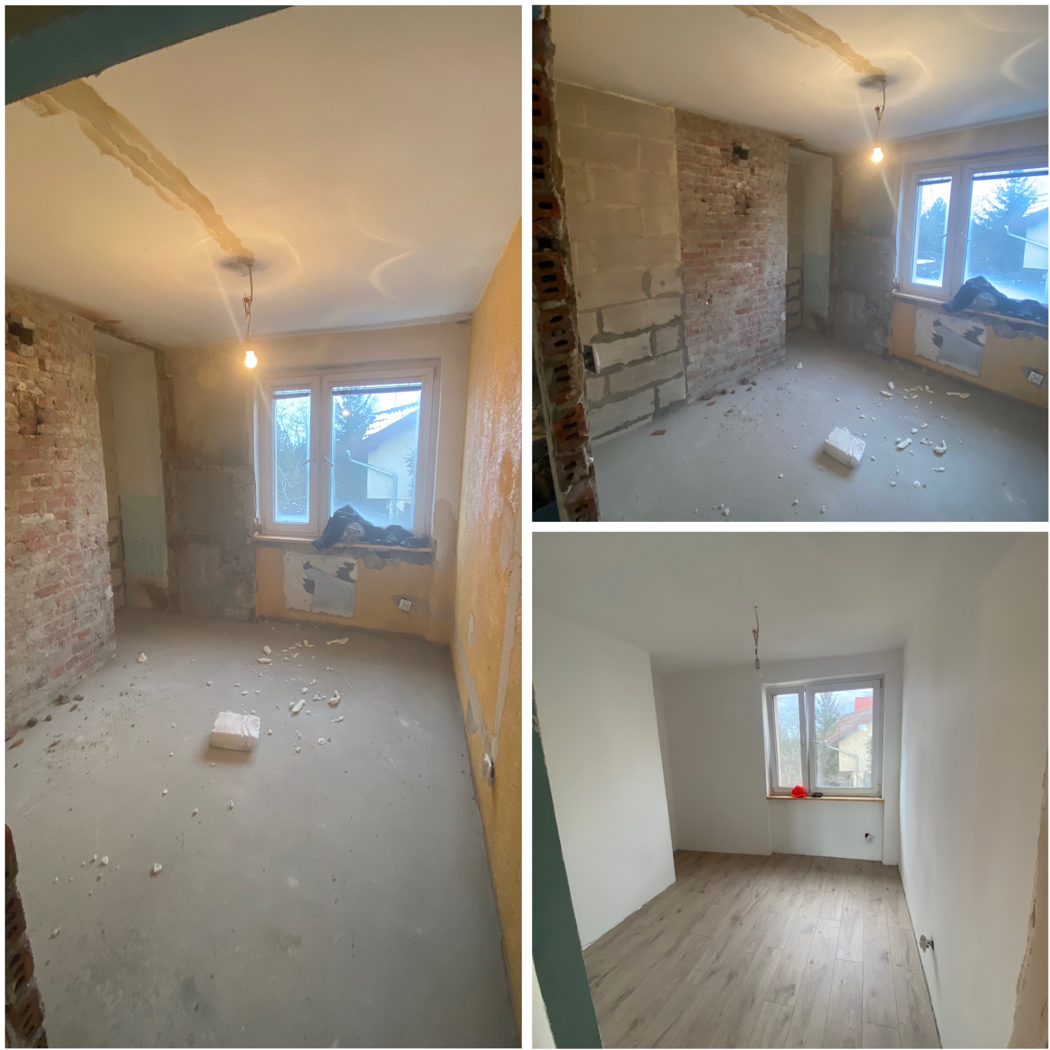 Kolaż: pokój w trakcie remontu z odsłoniętą cegłą i instalacjami, oraz ten sam pokój po remoncie z pomalowanymi ścianami i nową podłogą. Widok przez okno na zewnątrz.
