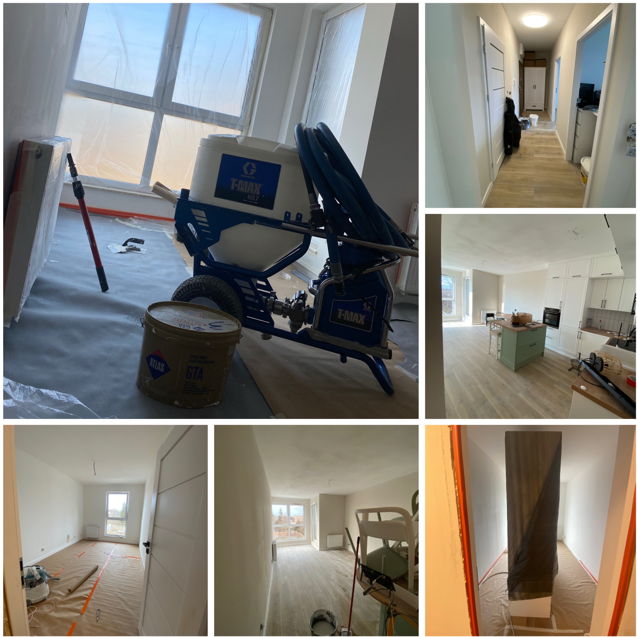 Wnętrze po szpachlowaniu, przygotowane do malowania. Widoczny agregat malarski Graco T-Max, wiadro z gładzią Atlas GTA, okna zabezpieczone folią.