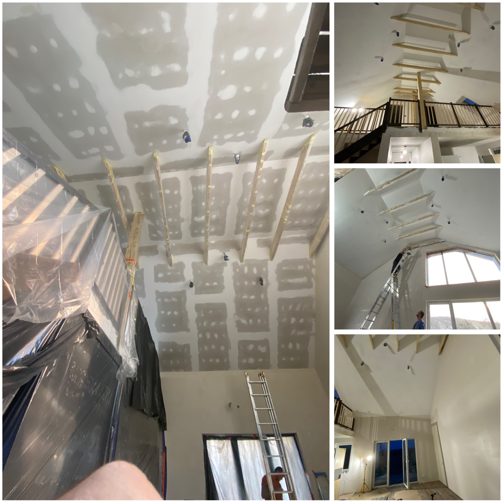 Skośny sufit w trakcie szpachlowania z widocznymi łatami i podkonstrukcją. Część pomieszczenia zabezpieczona folią. Widok na antresolę i okna.