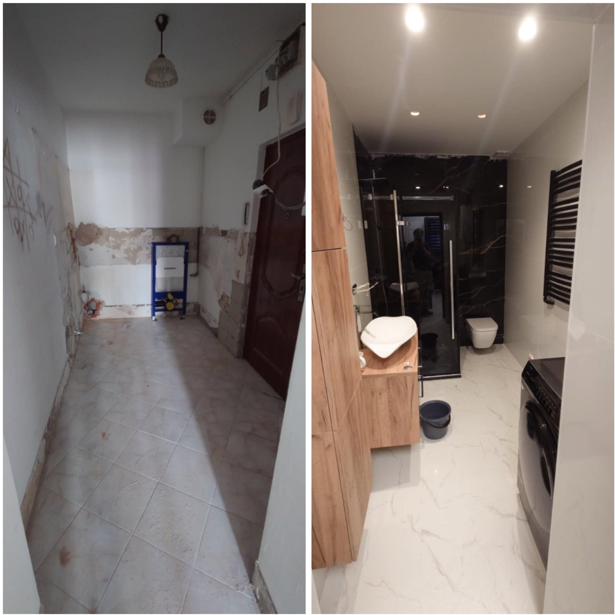 Remont łazienki: porównanie stanu przed i po. Widoczne zmiany w wykończeniu ścian, podłóg i wyposażeniu, w tym nowa umywalka i toaleta. Nowoczesny design.