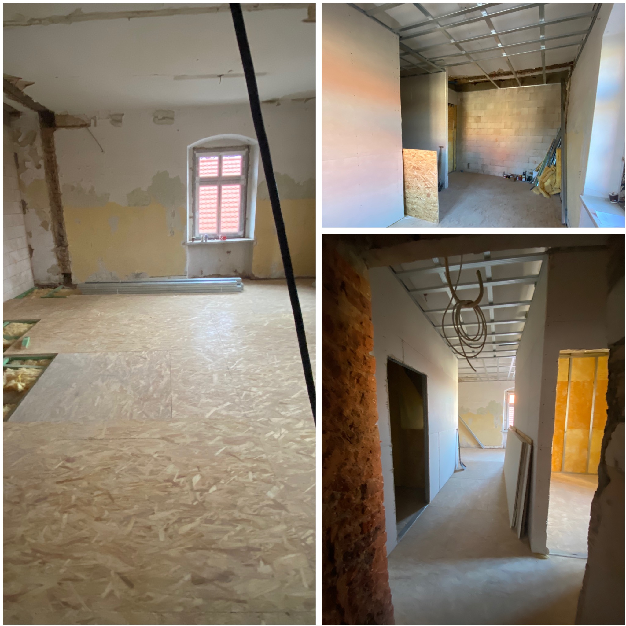 Remontowany pokój: położona płyta OSB na podłodze, częściowo odsłonięta izolacja, ściany w trakcie przygotowania pod gładzie i płyty G-K, metalowy stelaż sufitu podwieszanego.