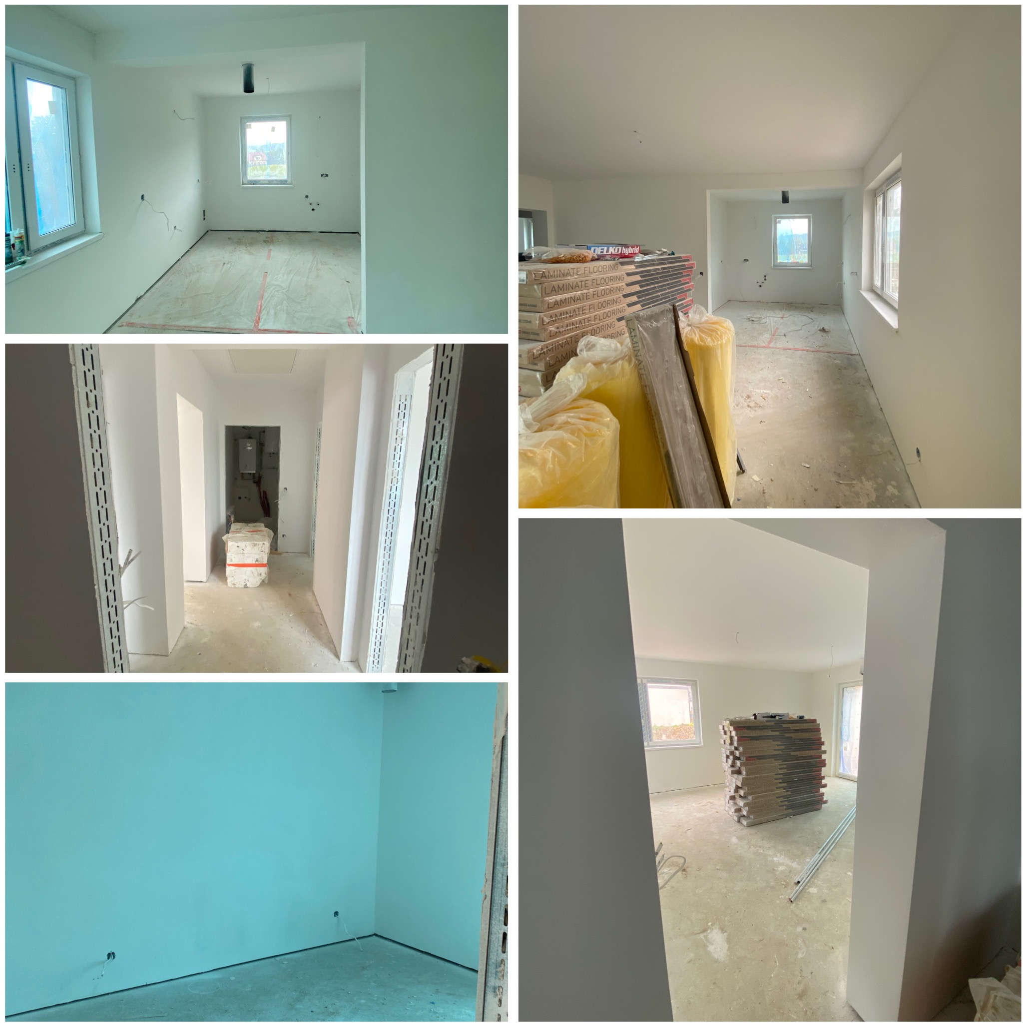 Wnętrze w trakcie remontu: białe ściany, okna, podłoga przygotowana pod panele. Widoczne materiały budowlane i instalacje elektryczne. Różne ujęcia pomieszczeń.