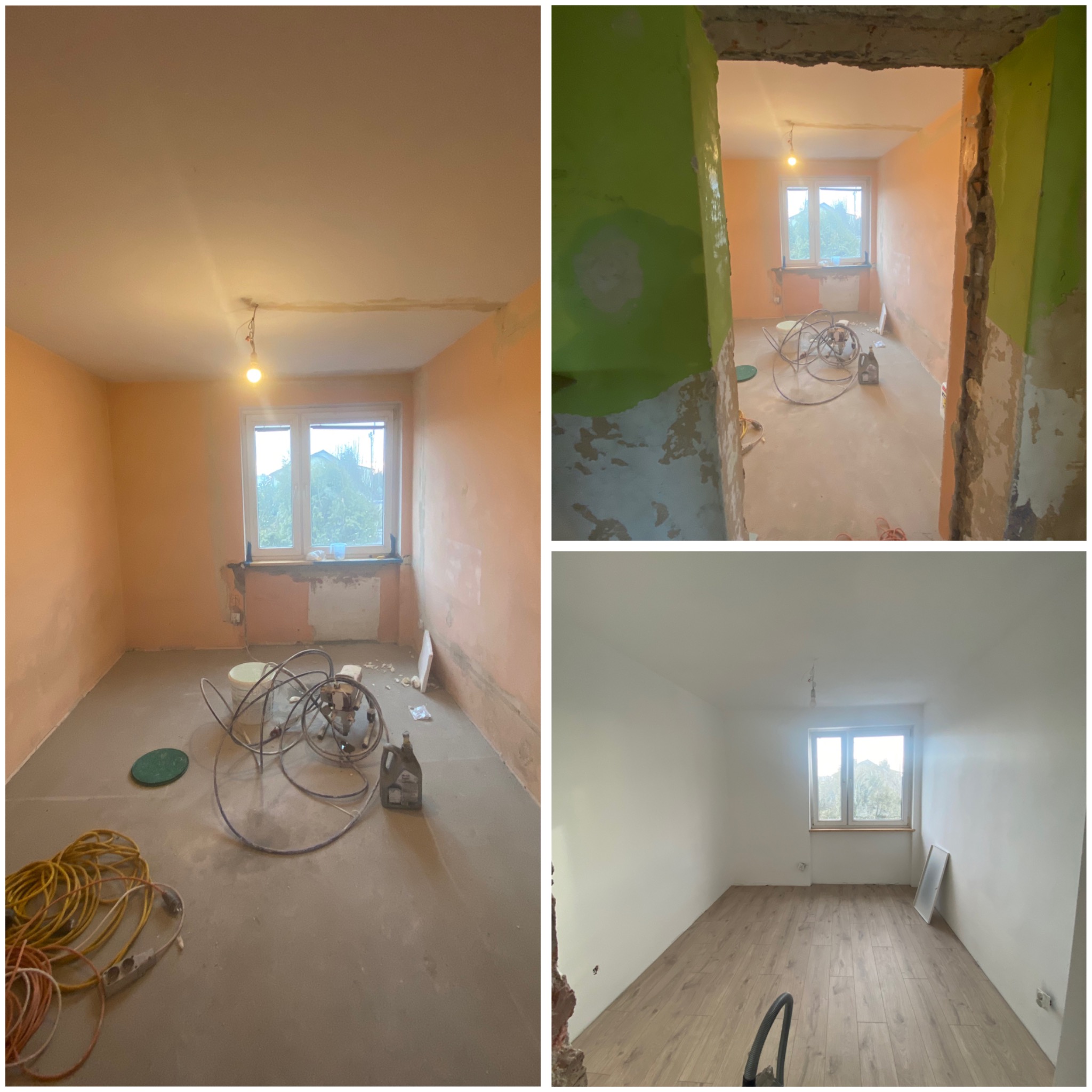 Fotografia przedstawia proces remontu pokoju: widok przed, w trakcie i po zakończeniu prac. Na dole widoczne panele podłogowe i pomalowane ściany na biało.