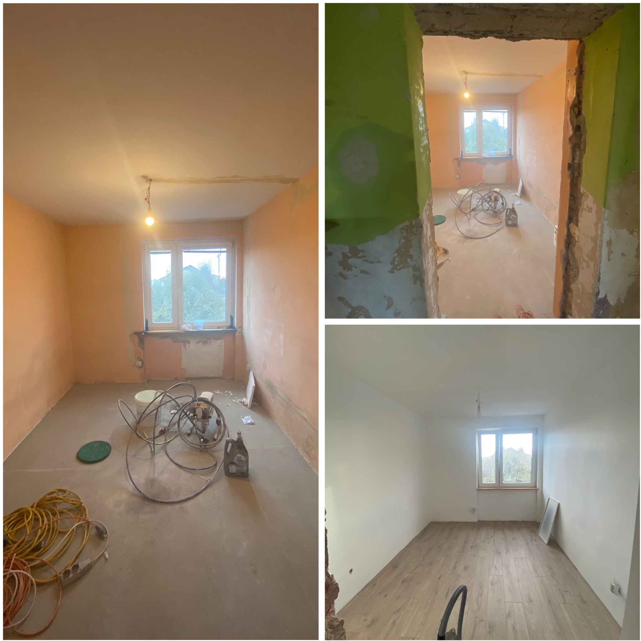 Remont pokoju w Piławie Górnej: widok przed, w trakcie i po gładziowaniu ścian, z położoną podłogą. Widoczne narzędzia i okno.