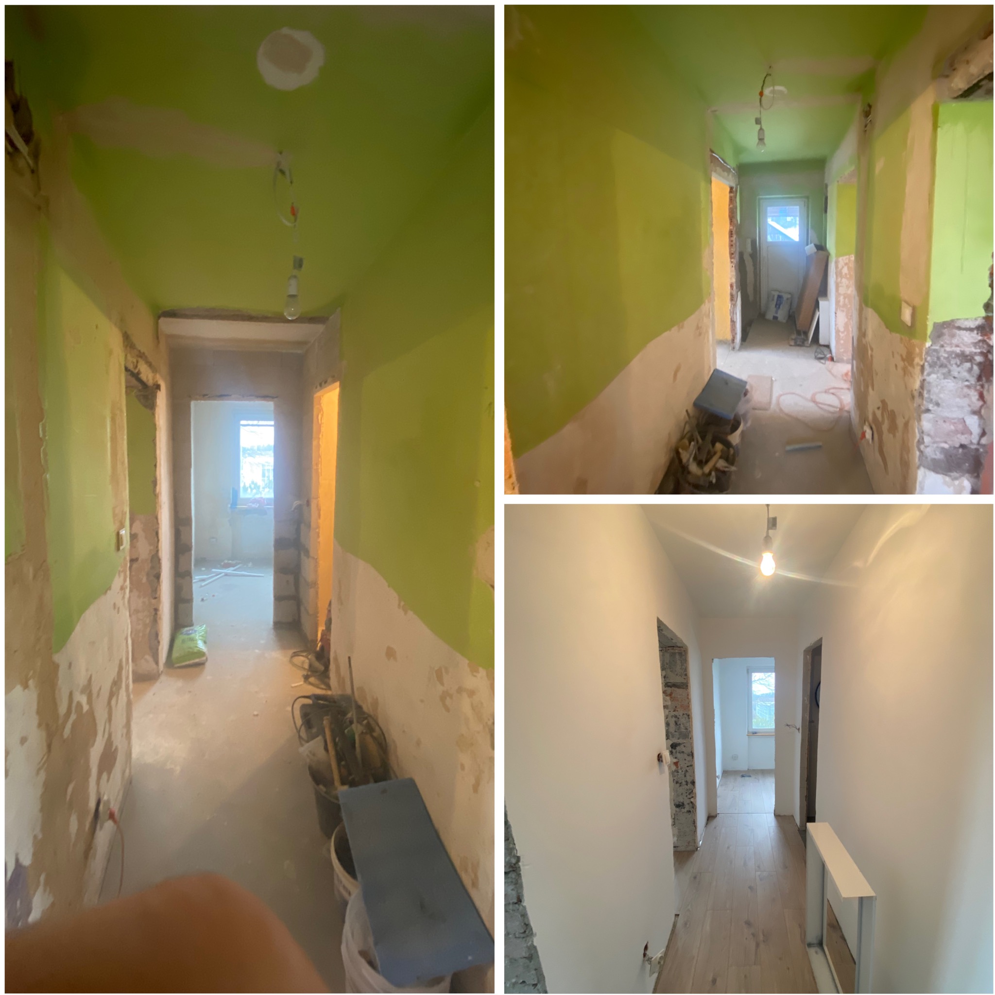 Korytarz w trakcie remontu: ściany częściowo pomalowane na zielono i biało, widoczne narzędzia, po prawej gładkie, białe ściany i drewniana podłoga. Ujęcie 'przed i po'.
