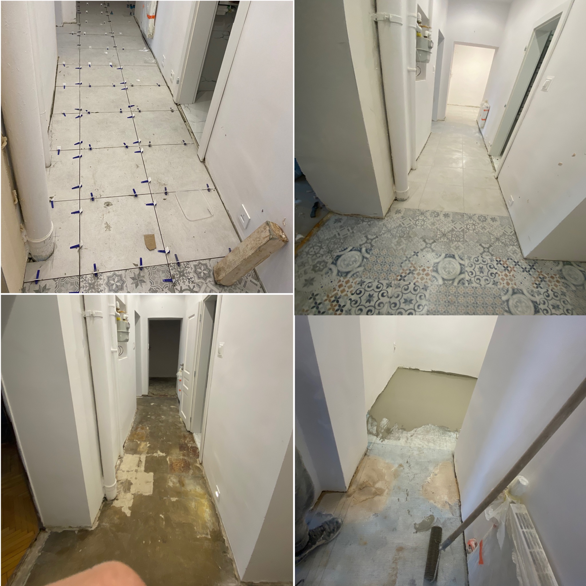 Kolaż zdjęć z remontu korytarza: układanie płytek z krzyżykami dystansowymi, położone płytki wzorzyste, przygotowanie podłoża i wyrównywanie wylewką.