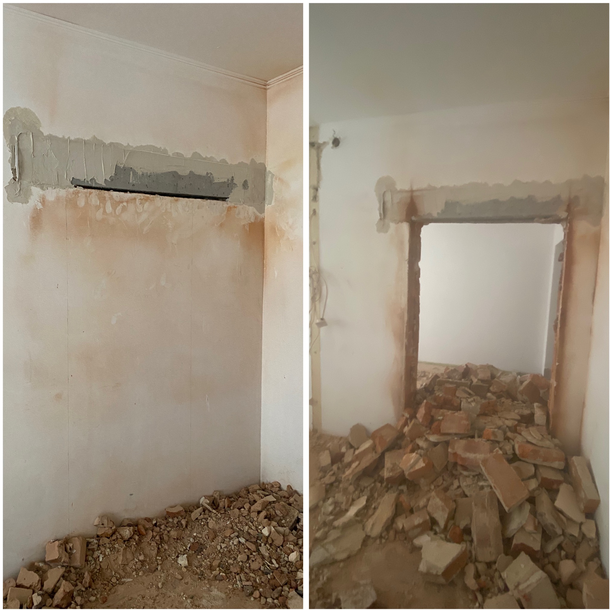 Zdjęcie przedstawia dwa ujęcia: zaszpachlowana bruzda w ścianie i wyburzone przejście z gruzem. Etap prac remontowych, widoczne ślady po ingerencji w strukturę ściany.