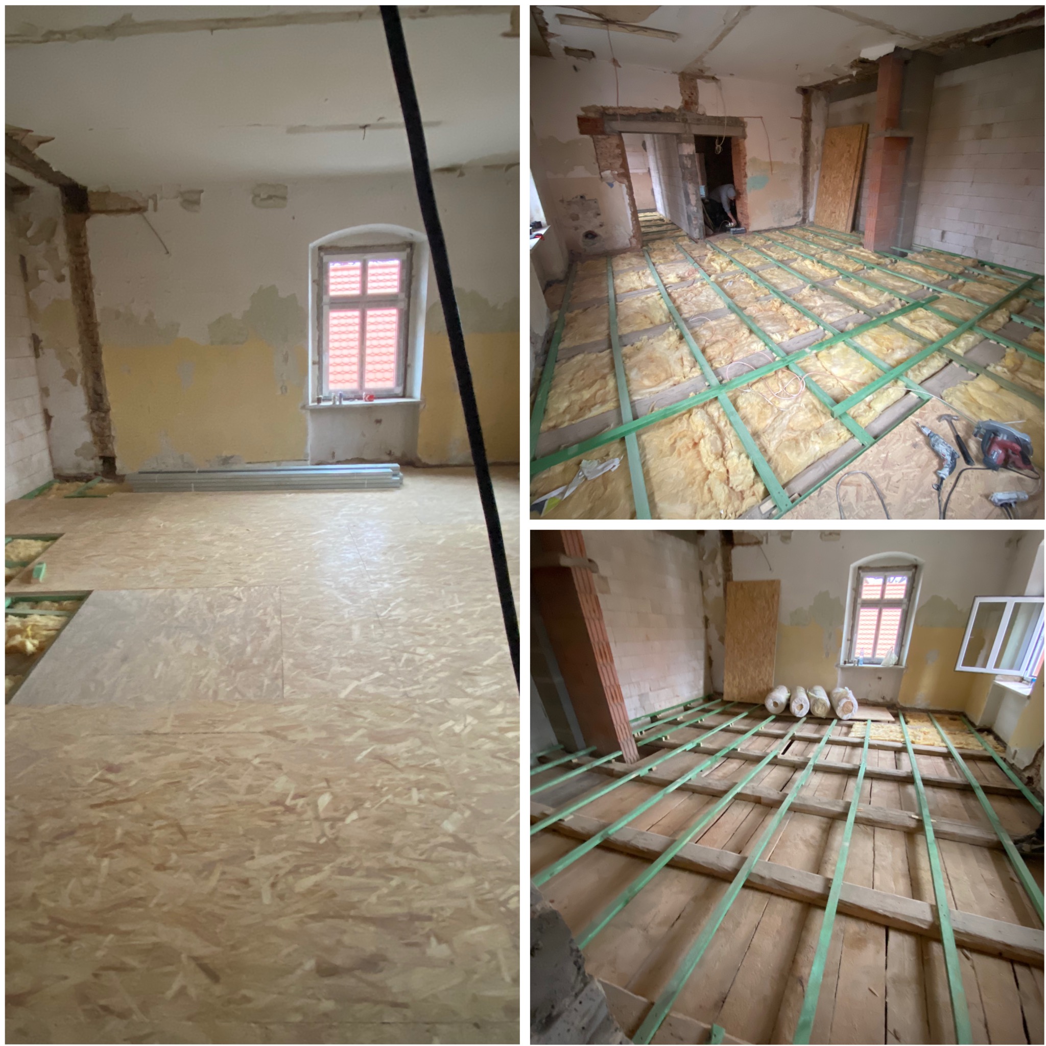 Mozaika zdjęć z remontu podłogi: izolacja z wełny mineralnej między legarami, płyty OSB na podłodze. Widoczne narzędzia i materiały budowlane w surowym wnętrzu.