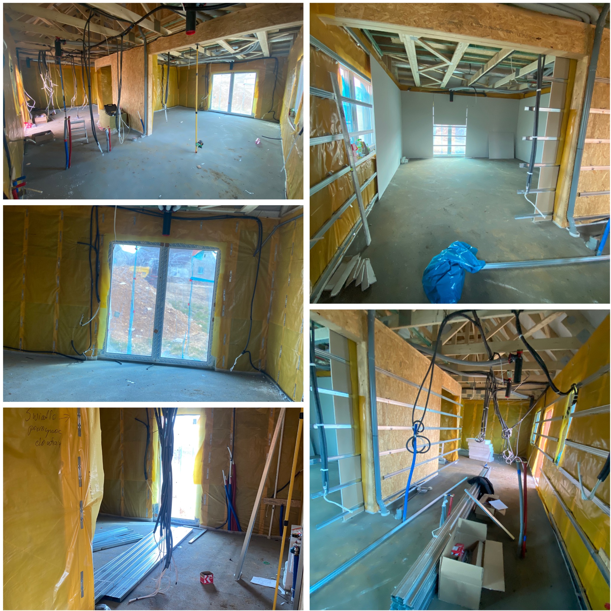 Wnętrze w trakcie prac wykończeniowych: izolacja ścian folią, montaż profili pod płyty g-k, instalacje elektryczne i hydrauliczne. Widoczne okna i surowy stan podłogi.