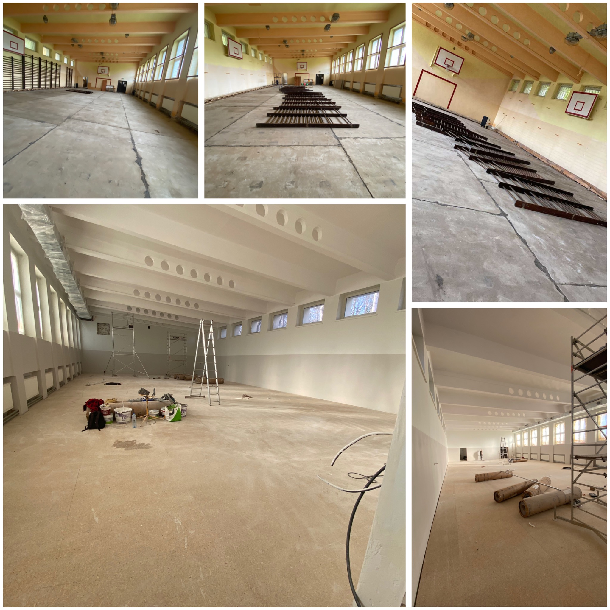 Szkolna sala gimnastyczna w trakcie remontu: świeżo pomalowane ściany, rusztowania, drabiny, widoczne ślady prac malarskich na podłodze. Ujęcie z różnych perspektyw.