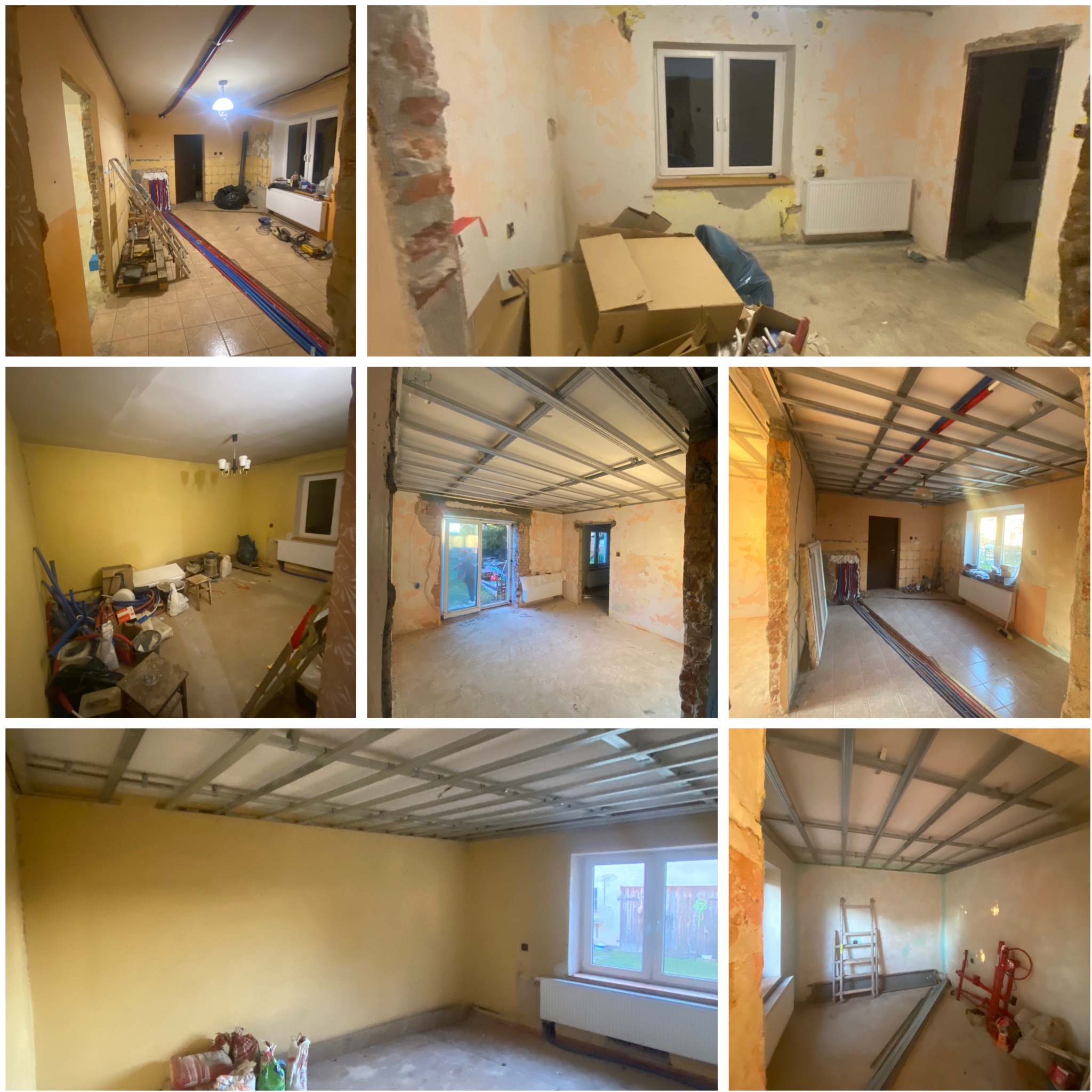 Etap prac w Piławie Górnej: Montaż metalowej konstrukcji sufitu podwieszanego w remontowanym wnętrzu. Widoczne instalacje i przygotowane ściany.