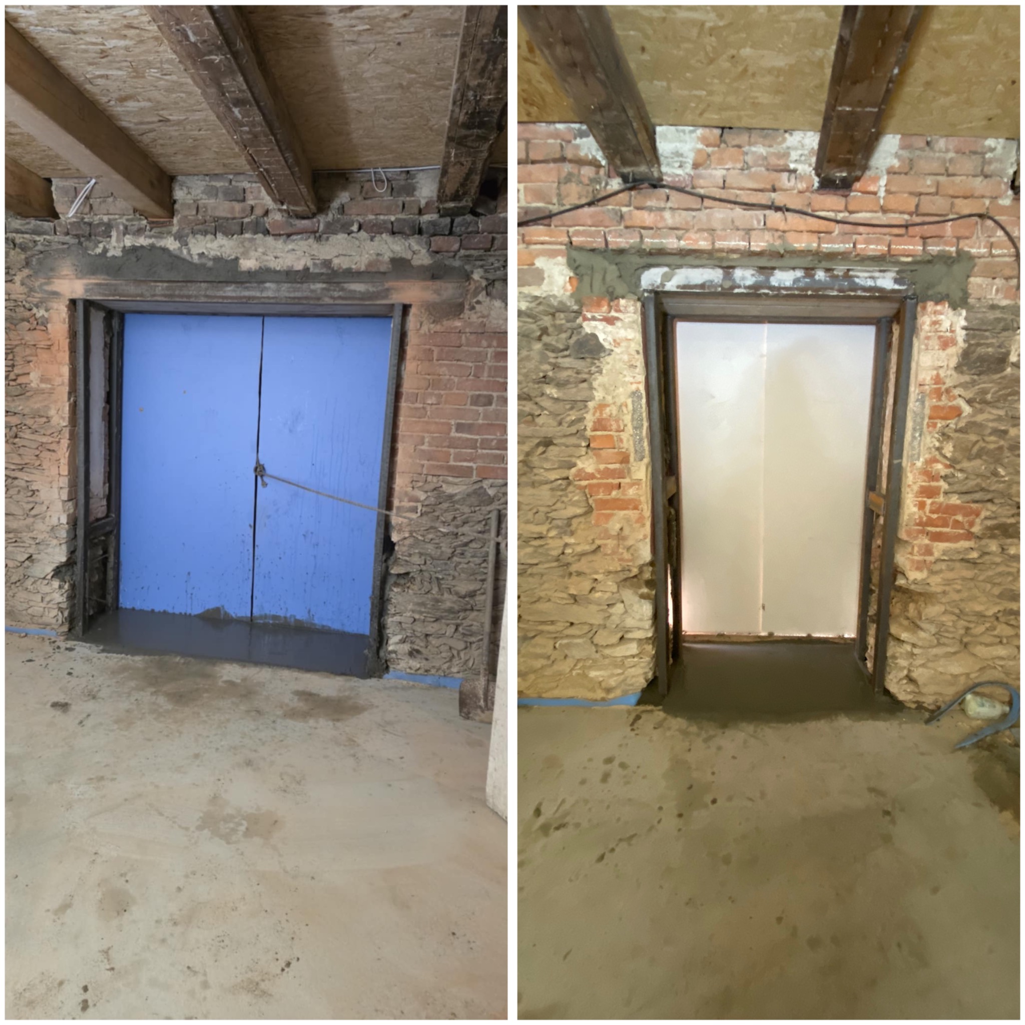 Zdjęcie 'przed i po' ukazujące renowację starego muru wokół otworu drzwiowego z drewnianymi belkami stropowymi. Po prawej stronie widoczny świeży tynk.