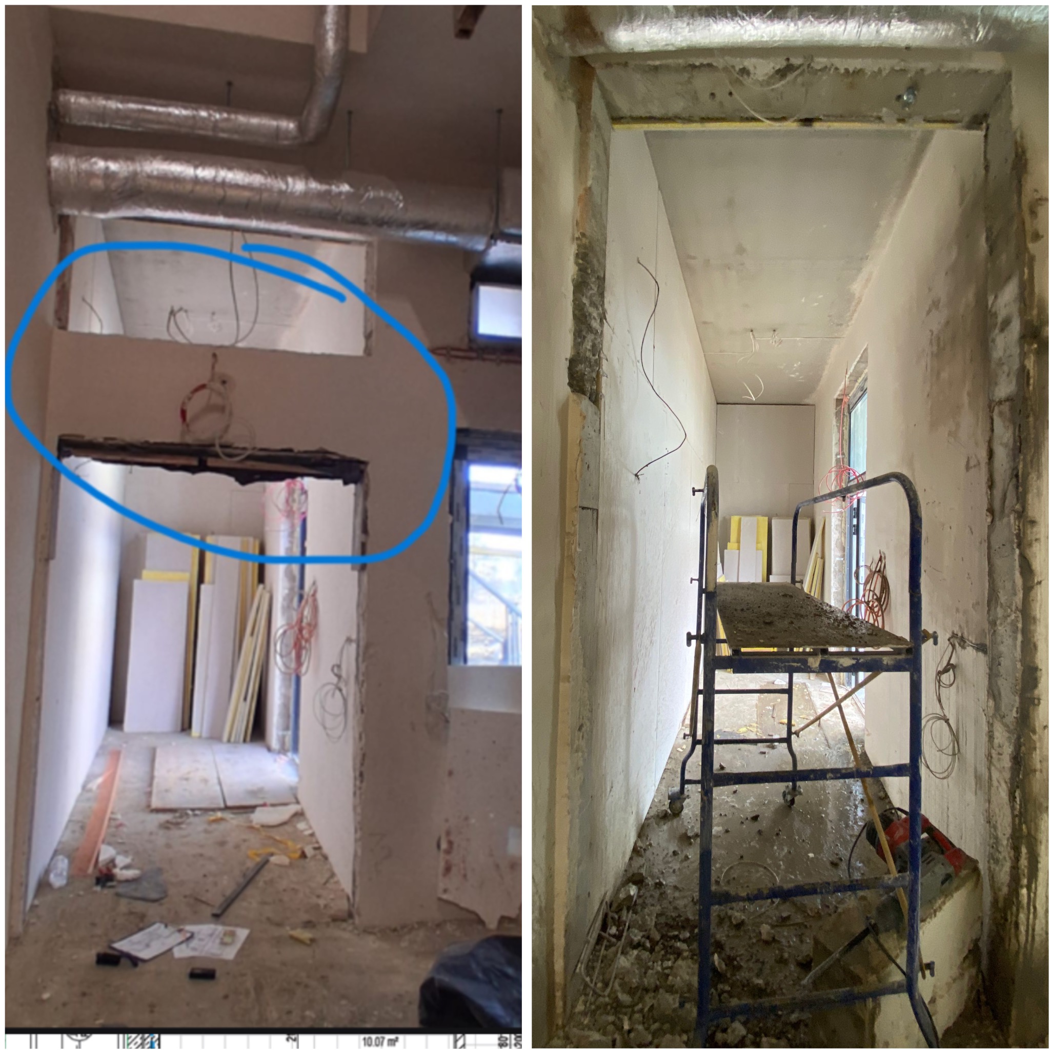 Wnętrze w trakcie prac wykończeniowych: widoczne instalacje, płyty gipsowe, rusztowanie. Fragment ściany z otworem zaznaczony niebieskim okręgiem.