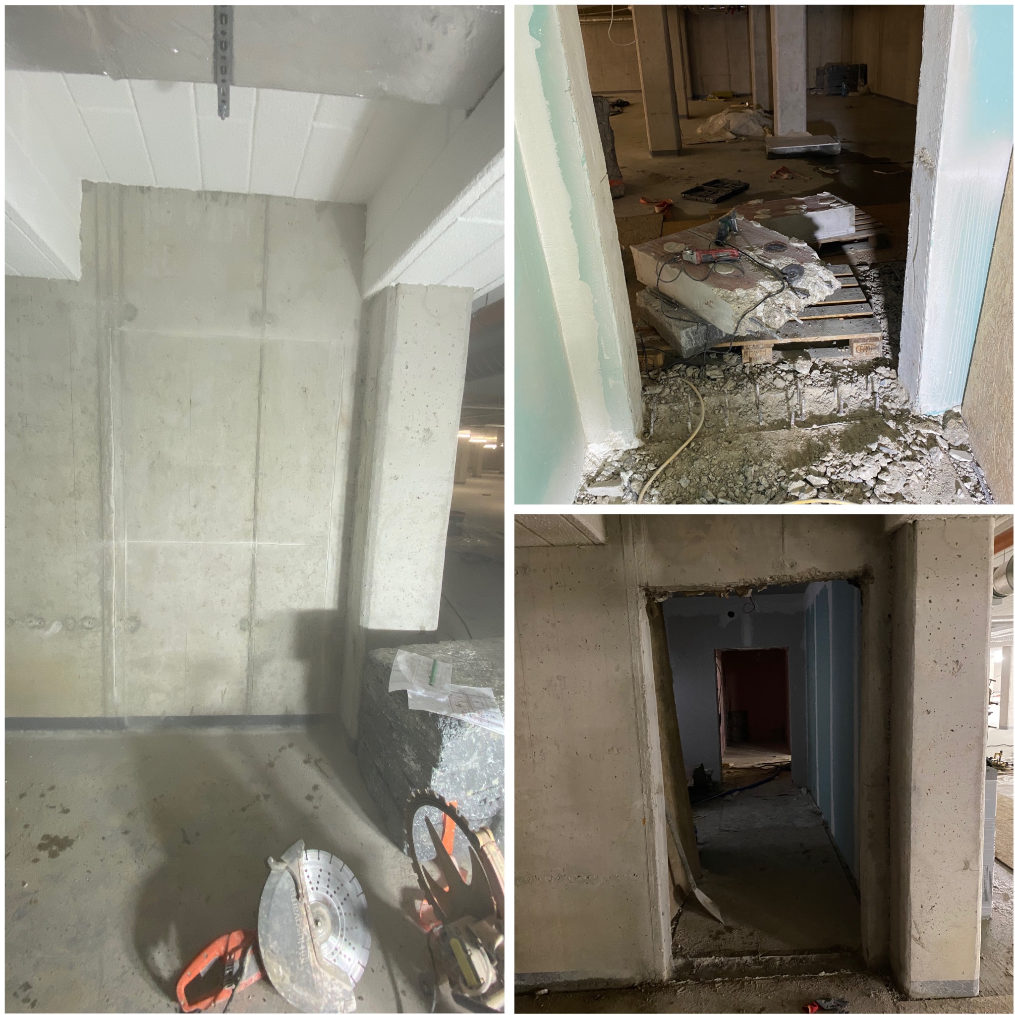 Wnętrze w trakcie rozbiórki: surowe ściany, gruz, narzędzia do cięcia betonu. Widoczne ślady po wyburzeniach i przygotowania do dalszych prac remontowych.