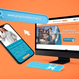 Designmf - Prezentacja strony www przychodni na monitorze i smartfonie. Widoczny adres www i okno wyszukiwarki. Na ekranie telefonu lekarka. Kolorystyka błękitno-pomarańczowa.