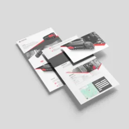 Mockup responsywnej strony internetowej firmy transportowej, z logo „Rootrans”, w odcieniach szarości i czerwieni, unoszący się nad jasnym tłem.