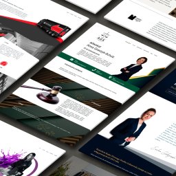 Designmf - Kompozycja stron internetowych dla firm prawniczych, transportowych i studia graficznego, ukazująca różnorodność projektów w nowoczesnym designie.