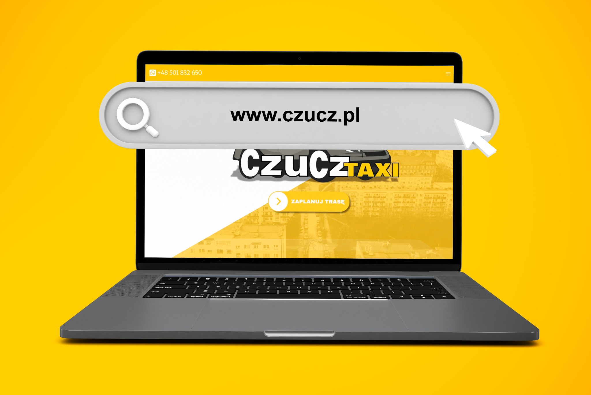 Laptop z otwartą stroną www.czucz.pl, prezentującą firmę taksówkarską. Żółte tło, pasek wyszukiwania z numerem telefonu na górze.