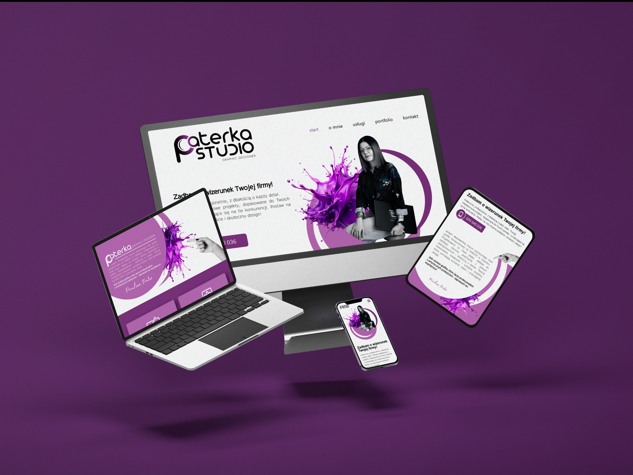 Responsywna strona Caterka Studio na laptopie, smartfonie i monitorze. Fioletowe akcenty graficzne, nowoczesny design. Prezentacja portfolio grafika.