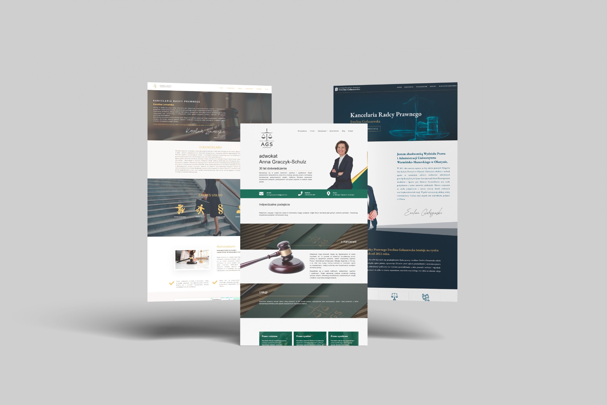 Dwa ekrany z projektami stron kancelarii prawnych, ukazujące różne układy, kolorystykę i elementy graficzne, prezentujące profesjonalny wizerunek online.