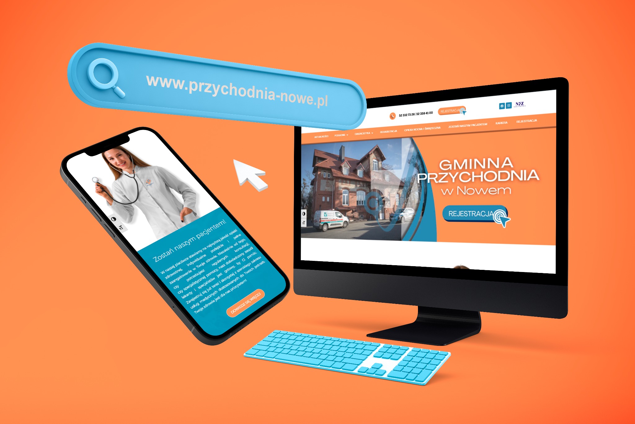 Prezentacja strony www przychodni na monitorze i smartfonie. Widoczny adres www i okno wyszukiwarki. Na ekranie telefonu lekarka. Kolorystyka błękitno-pomarańczowa.