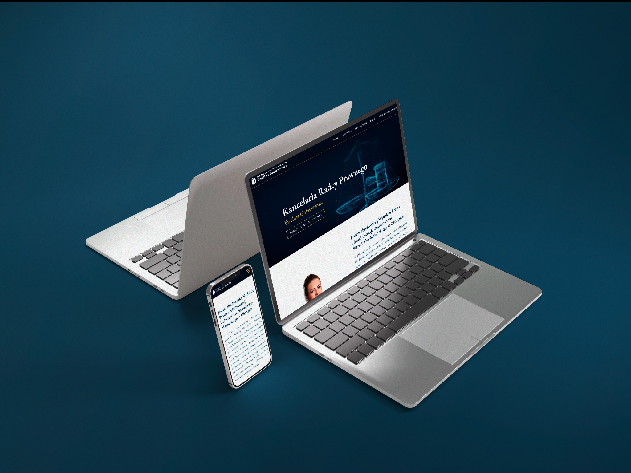 Responsywna strona Kancelarii Radcy Prawnego Eweliny Gołaszewskiej na srebrnym laptopie i smartfonie na niebieskim tle. Minimalistyczny design.
