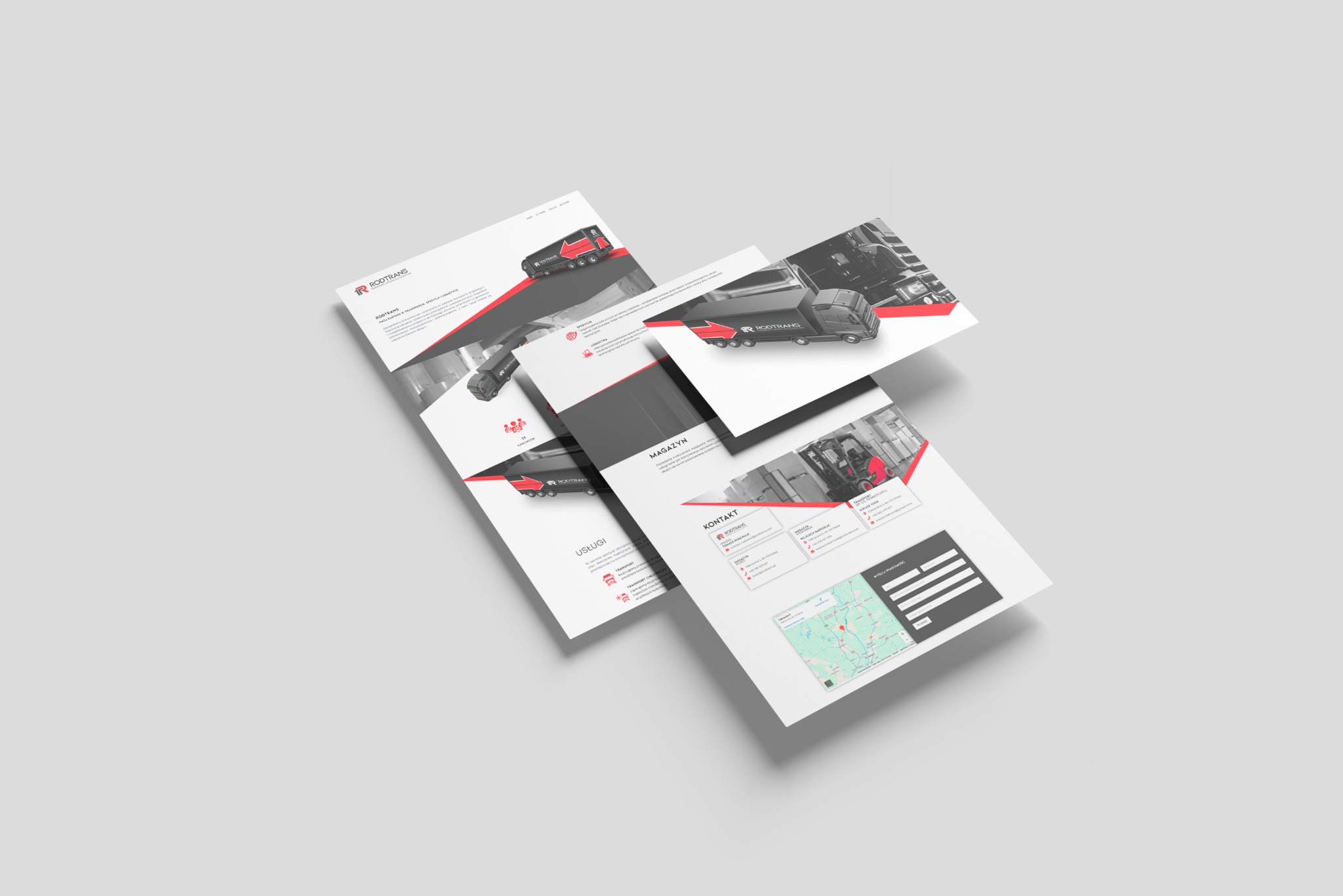 Mockup responsywnej strony internetowej firmy transportowej, z logo „Rootrans”, w odcieniach szarości i czerwieni, unoszący się nad jasnym tłem.