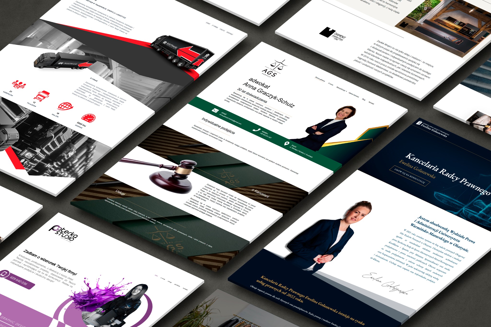 Kompozycja stron internetowych dla firm prawniczych, transportowych i studia graficznego, ukazująca różnorodność projektów w nowoczesnym designie.