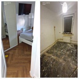 Grass and Garden Robert Zagrajek - Zdjęcie przedstawia pokój przed i po remoncie. Po lewej stronie widoczny jest pokój z ułożonymi panelami w jodełkę, białym łóżkiem i szafą z lustrem. Po prawej stronie widać pokój w trakcie remontu...