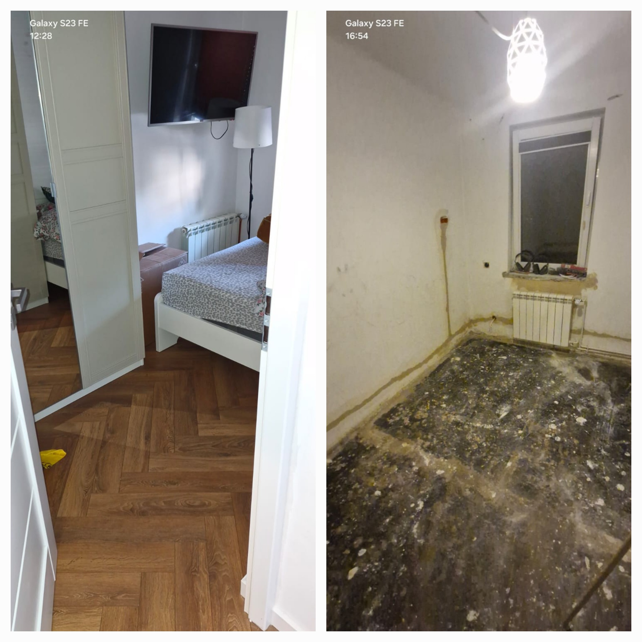 Zdjęcie przedstawia pokój przed i po remoncie. Po lewej stronie widoczny jest pokój z ułożonymi panelami w jodełkę, białym łóżkiem i szafą z lustrem. Po prawej stronie widać pokój w trakcie remontu...