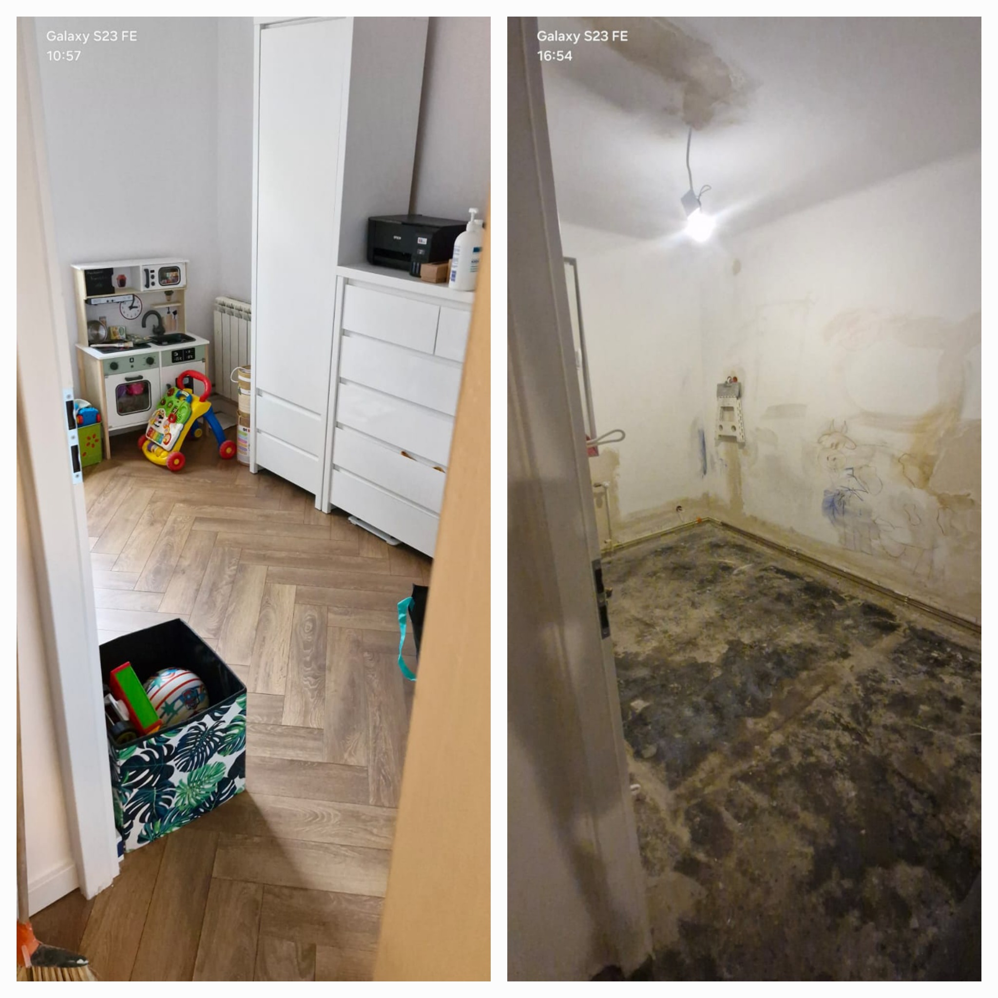 Zestawienie dwóch zdjęć tego samego pokoju: po lewej pokój dziecięcy z drewnianą podłogą w jodełkę, zabawkami, białymi meblami; po prawej pokój w trakcie remontu, z widocznymi śladami po zalaniu...