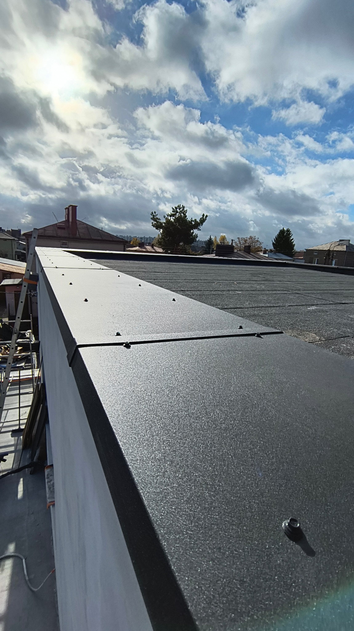 Szare, metalowe obicie attyki budynku z widocznymi śrubami mocującymi, na tle nieba z chmurami i zabudowań miejskich w oddali.