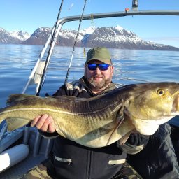 wedkarskaprzygoda.pl - Uśmiechnięty mężczyzna w okularach i czapce trzyma ogromnego dorsza na tle fiordu z ośnieżonymi górami podczas połowu z łodzi.