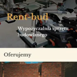 Zrzut ekranu strony internetowej Rent-bud.net.pl, prezentującej wypożyczalnię sprzętu budowlanego, z widoczną ofertą i mikserem do betonu na tle ceglanej ściany.