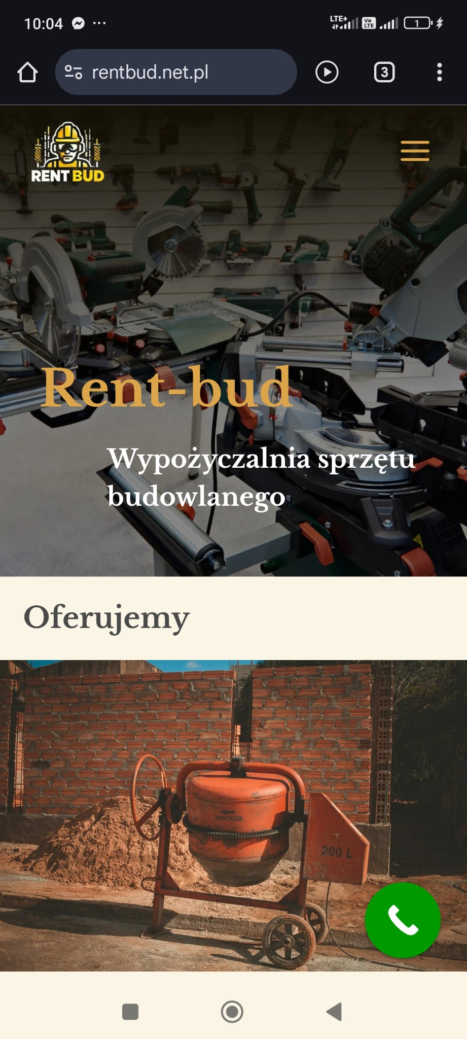 Zrzut ekranu strony internetowej Rent-bud.net.pl, prezentującej wypożyczalnię sprzętu budowlanego, z widoczną ofertą i mikserem do betonu na tle ceglanej ściany.