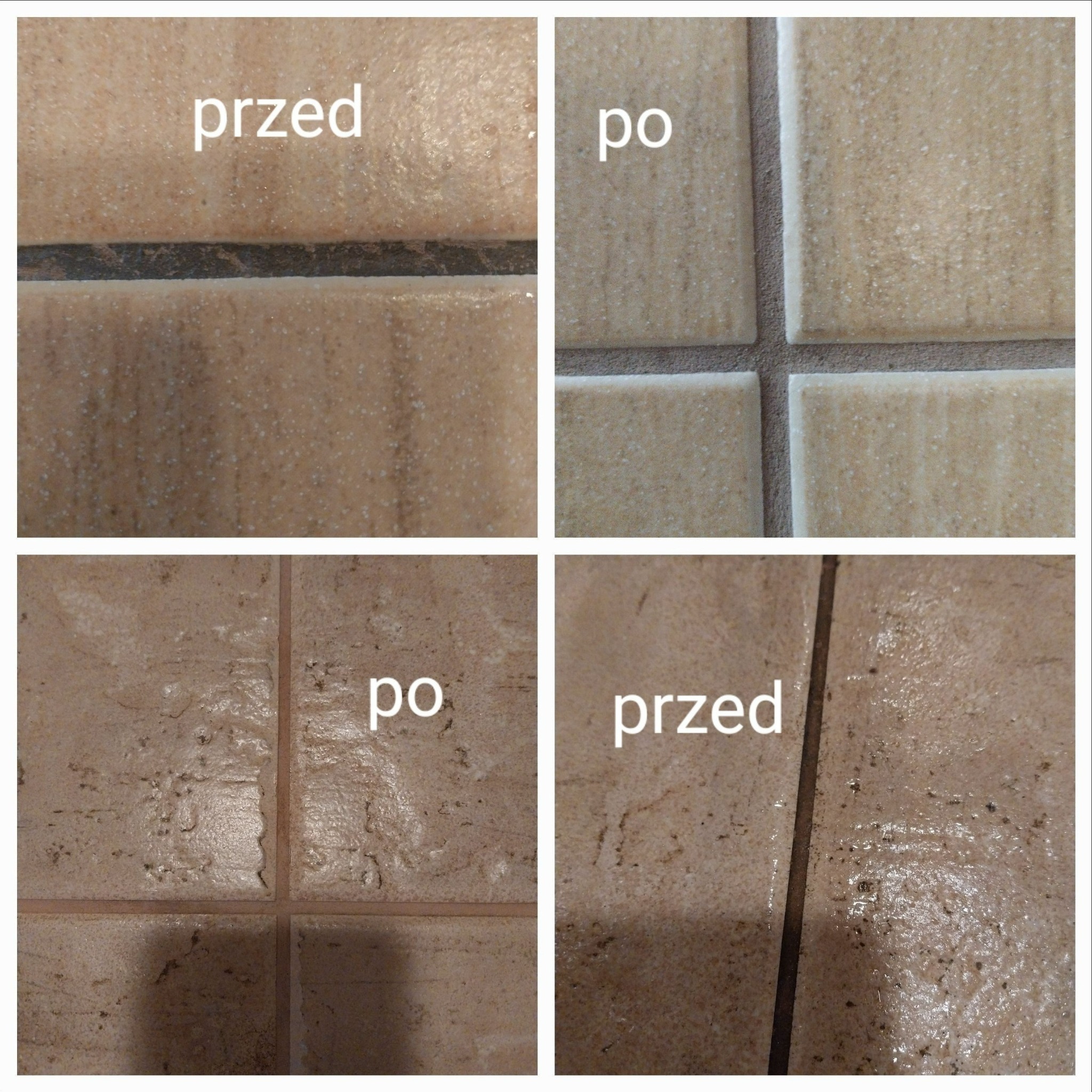 Cztery zbliżenia na fugi i płytki podłogowe: dwa 'przed' i dwa 'po' czyszczeniu. Widoczne różnice w kolorze i czystości fug. Efekt czyszczenia płytek.