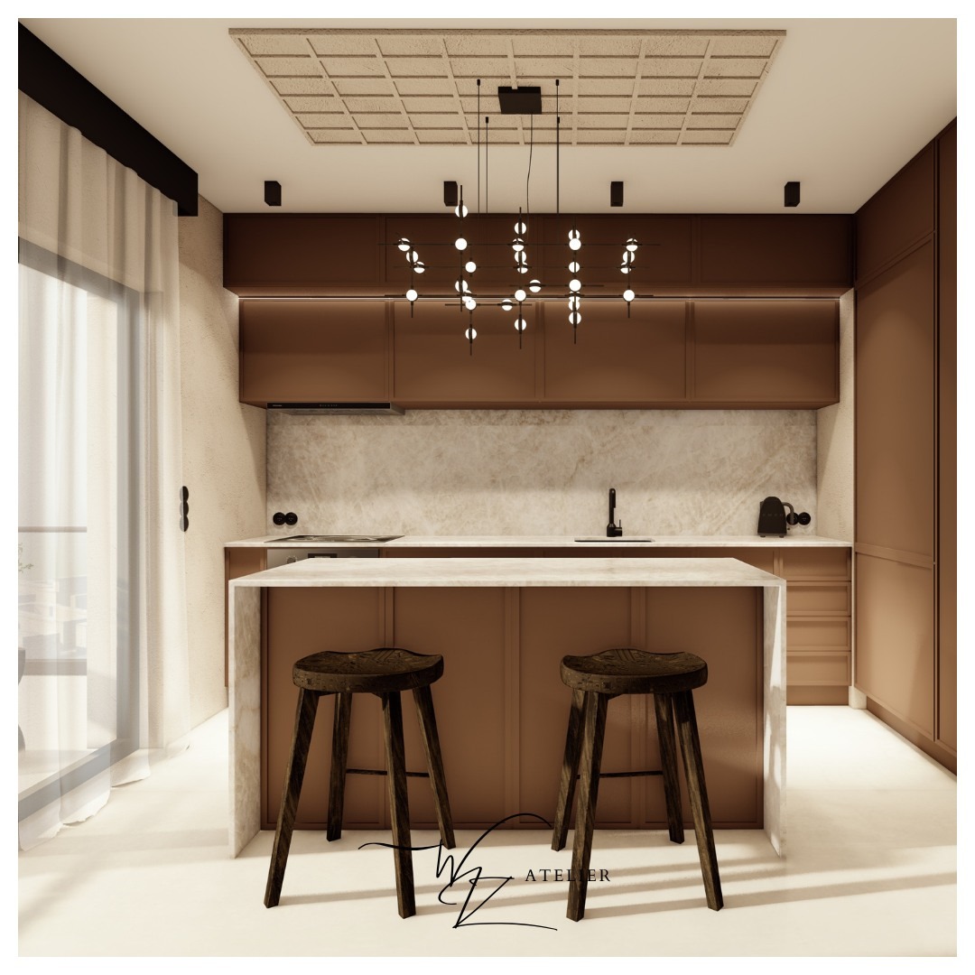Wizualizacja nowoczesnej kuchni w odcieniach brązu i beżu z wyspą, dwoma drewnianymi stołkami barowymi i designerską lampą sufitową z kulistymi punktami świetlnymi.