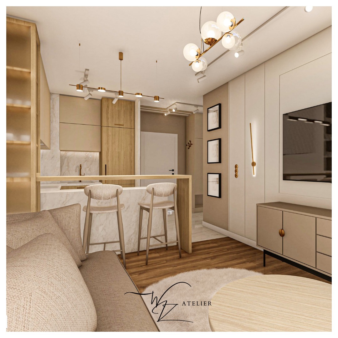 Wizualizacja salonu z aneksem kuchennym w odcieniach beżu i bieli, z drewnianą podłogą, okrągłym dywanem i nowoczesnym oświetleniem.