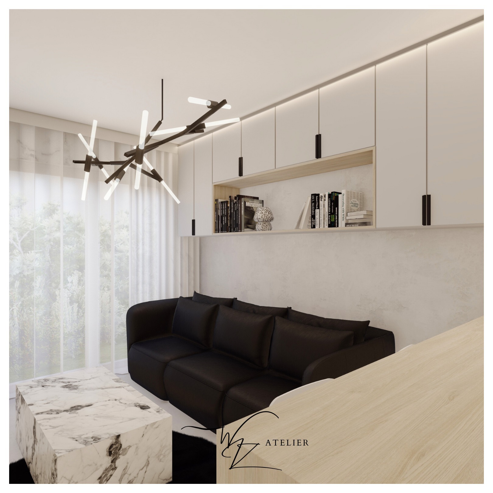 Nowoczesny salon z czarną sofą modułową, marmurowym stolikiem kawowym i designerską lampą wiszącą z białymi prętami, na tle okna z delikatnymi zasłonami.